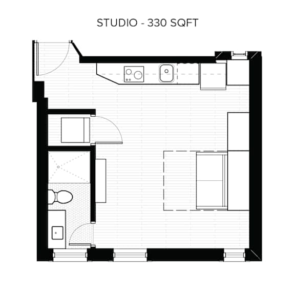 A floor plan of a studio apartment with a total area of 330 square feet.