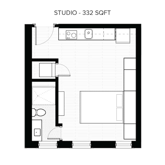 A floor plan of a studio apartment with a total area of 332 square feet.