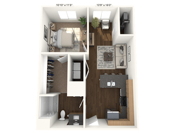 A 3D floor plan of a small apartment with two bedrooms, a living room, and a kitchen.