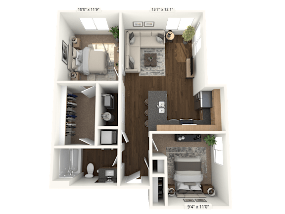 A 9'4"x11'0" floor plan of a room with a kitchen, living room, and bathroom.
