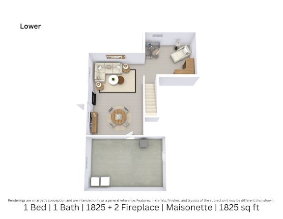 3D floor plan of a 1-bed, 1-bath Maisonette with two fireplaces, furniture layout, and room flow. 1,825 sq. ft.