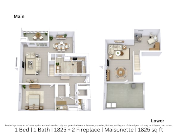 3D floor plan of a 1-bed, 1-bath Maisonette with two fireplaces, furniture layout, and room flow. 1,825 sq. ft.
