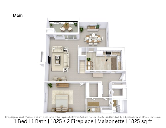 3D floor plan of a 1-bed, 1-bath Maisonette with two fireplaces, furniture layout, and room flow. 1,825 sq. ft.