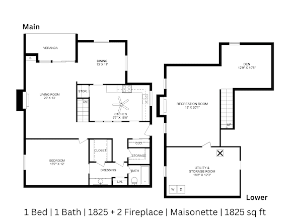 2D floor plan of a 1-bed, 1-bath Maisonette with labeled rooms, dimensions, and two fireplaces. 1,825 sq. ft.