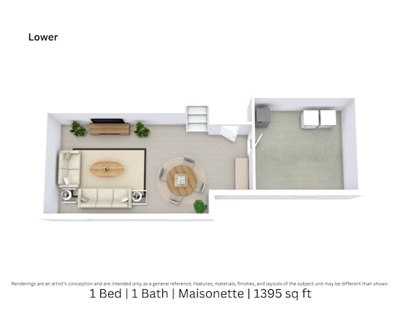 3D floor plan of a 1-bed, 1-bath Maisonette with furniture layout and room flow. 1,395 sq. ft.