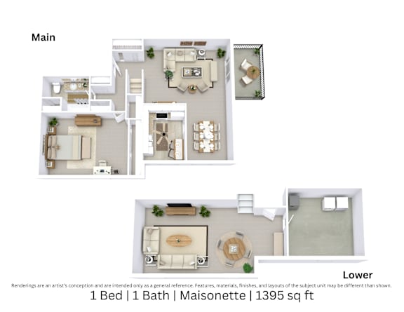 3D floor plan of a 1-bed, 1-bath Maisonette with furniture layout and room flow. 1,395 sq. ft.