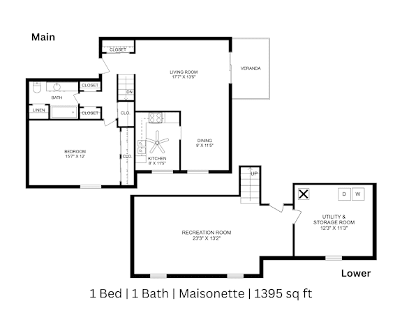 2D floor plan of a 1-bed, 1-bath Maisonette with labeled rooms and dimensions. 1,395 sq. ft.