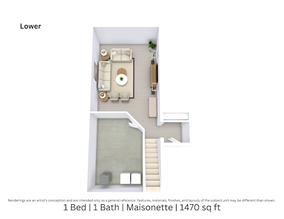 3D floor plan of a 1-bed, 1-bath Maisonette with furniture layout and room flow. 1,470 sq. ft.