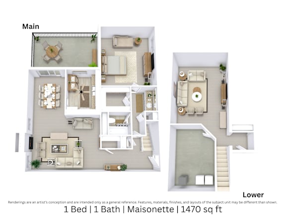 3D floor plan of a 1-bed, 1-bath Maisonette with furniture layout and room flow. 1,470 sq. ft.