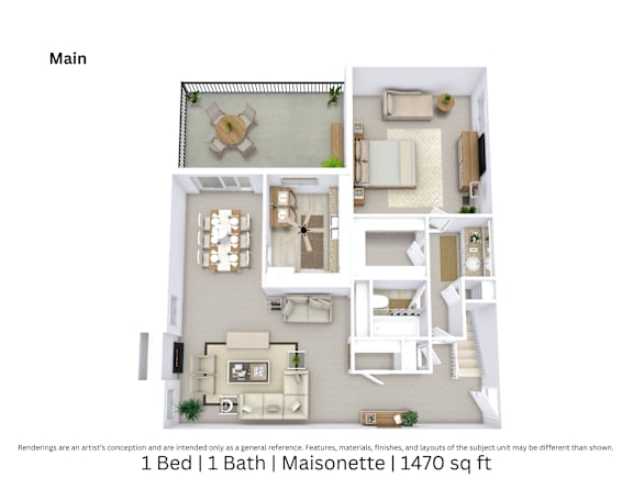 3D floor plan of a 1-bed, 1-bath Maisonette with furniture layout and room flow. 1,470 sq. ft.