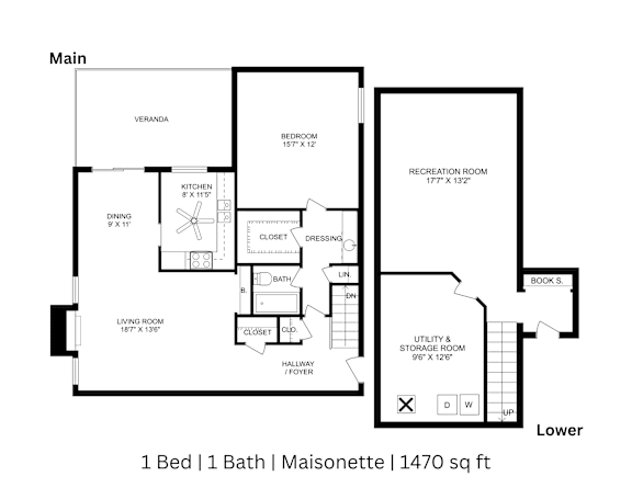 2D floor plan of a 1-bed, 1-bath Maisonette with labeled rooms and dimensions. 1,470 sq. ft.