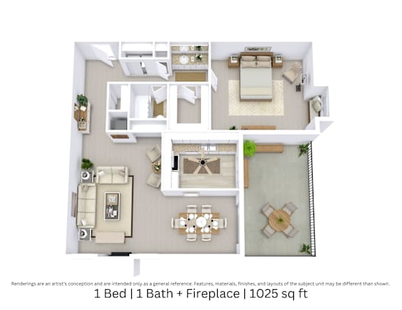 3D floor plan of a 1-bed, 1-bath Layout B with fireplace, furniture layout, and room flow. 1,025 sq. ft.