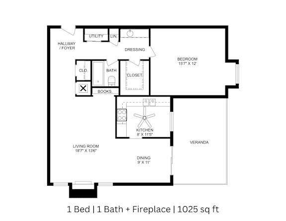 2D floor plan of a 1-bed, 1-bath Layout B with labeled rooms, dimensions, and fireplace. 1,025 sq. ft.