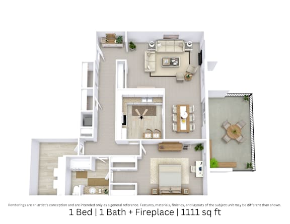 3D floor plan of a 1-bed, 1-bath Layout A with fireplace, furniture layout, and room flow. 1,111 sq. ft.