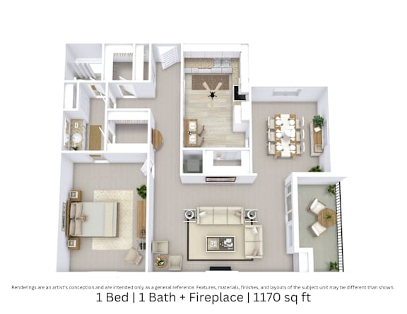 3D floor plan of a 1-bed, 1-bath apartment with fireplace, furniture layout, and room flow. 1,170 sq. ft.