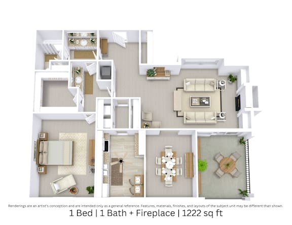 3D floor plan of a 1-bed, 1-bath apartment with fireplace, furniture layout, and room flow. 1,222 sq. ft.