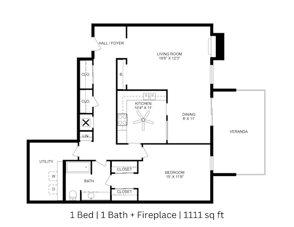 2D floor plan of a 1-bed, 1-bath Layout A with labeled rooms, dimensions, and fireplace. 1,111 sq. ft.