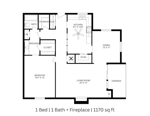 2D floor plan of a 1-bed, 1-bath apartment with labeled rooms, dimensions, and fireplace. 1,170 sq. ft.