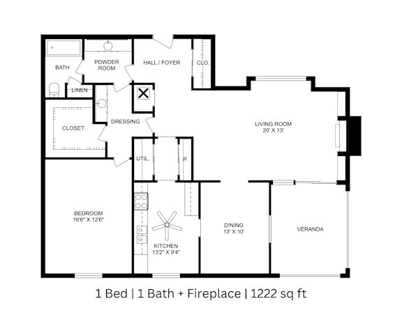 2D floor plan of a 1-bed, 1-bath apartment with labeled rooms, dimensions, and fireplace. 1,222 sq. ft.