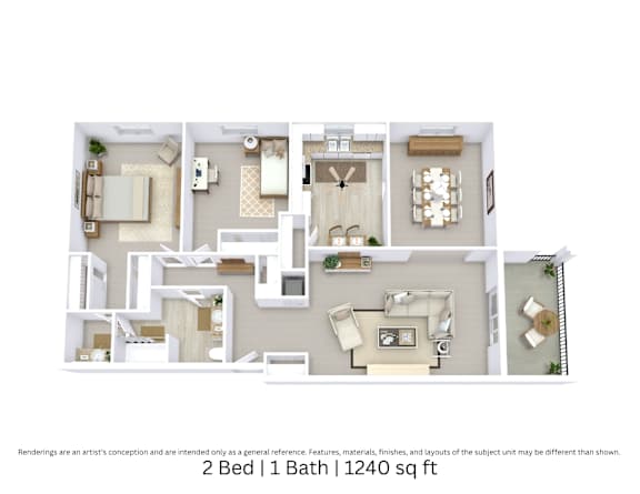 3D floor plan of a 2-bed, 1-bath apartment with furniture layout, room flow, and living space. 1,240 sq. ft.