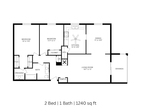 2D floor plan of a 2-bed, 1-bath apartment with labeled rooms and dimensions. 1,240 sq. ft.