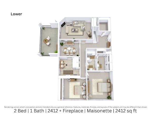 3D floor plan of a 2-bed, 1-bath Maisonette with fireplace, furniture layout, and open living space. 2,412 sq. ft.