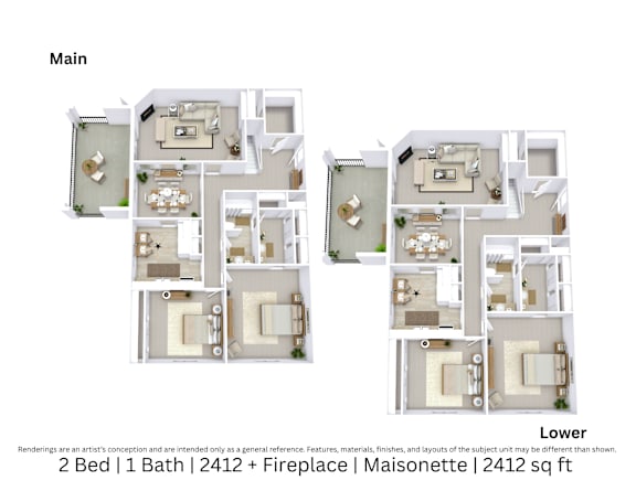 3D floor plan of a 2-bed, 1-bath Maisonette with fireplace, furniture layout, and open living space. 2,412 sq. ft.