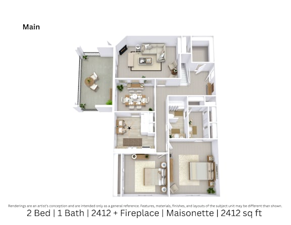 3D floor plan of a 2-bed, 1-bath Maisonette with fireplace, furniture layout, and open living space. 2,412 sq. ft.
