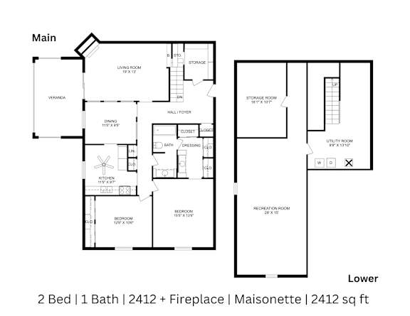 2D floor plan of a 2-bed, 1-bath Maisonette with labeled rooms, dimensions, and fireplace. 2,412 sq. ft.
