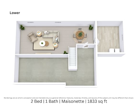 3D floor plan of a 2-bed, 1-bath Maisonette with furniture layout, room flow, and living space. 1,833 sq. ft.