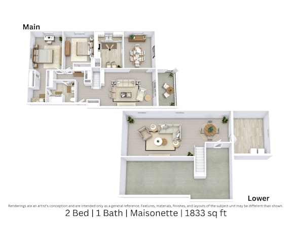 3D floor plan of a 2-bed, 1-bath Maisonette with furniture layout, room flow, and living space. 1,833 sq. ft.