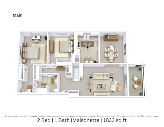 3D floor plan of a 2-bed, 1-bath Maisonette with furniture layout, room flow, and living space. 1,833 sq. ft.