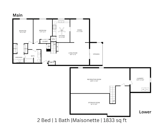 2D floor plan of a 2-bed, 1-bath Maisonette with labeled rooms and dimensions. 1,833 sq. ft.