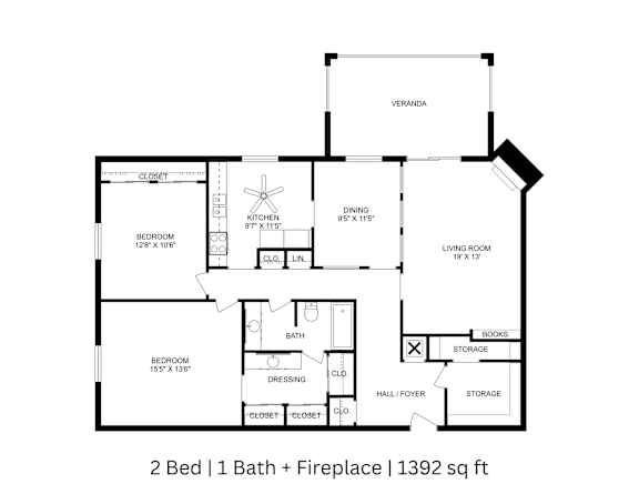 2D floor plan of a 2-bed, 1-bath apartment with labeled rooms, dimensions, and fireplace. 1,392 sq. ft.