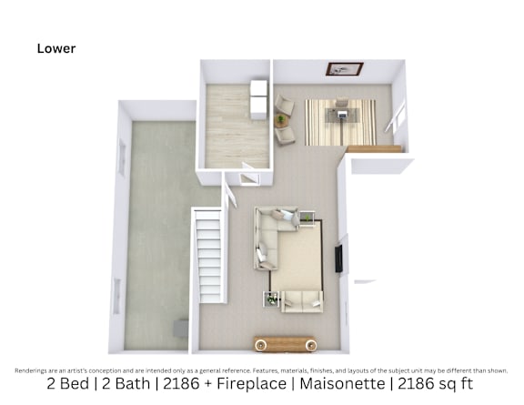 3D floor plan of a 2-bed, 2-bath Maisonette with fireplace, furniture layout, and room flow. 2,186 sq. ft.