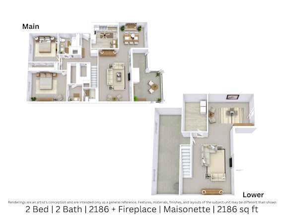 3D floor plan of a 2-bed, 2-bath Maisonette with fireplace, furniture layout, and room flow. 2,186 sq. ft.