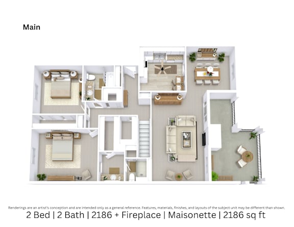 3D floor plan of a 2-bed, 2-bath Maisonette with fireplace, furniture layout, and room flow. 2,186 sq. ft.