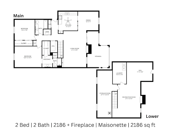 2D floor plan of a 2-bed, 2-bath Maisonette with labeled rooms, dimensions, and fireplace. 2,186 sq. ft.