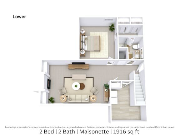 3D floor plan of a 2-bed, 2-bath Maisonette with furniture layout, room flow, and open living space. 1,916 sq. ft.