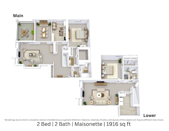 3D floor plan of a 2-bed, 2-bath Maisonette with furniture layout, room flow, and open living space. 1,916 sq. ft.