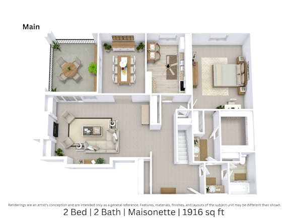 3D floor plan of a 2-bed, 2-bath Maisonette with furniture layout, room flow, and open living space. 1,916 sq. ft.