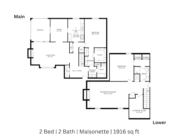 2D floor plan of a 2-bed, 2-bath Maisonette with labeled rooms and dimensions. 1,916 sq. ft.