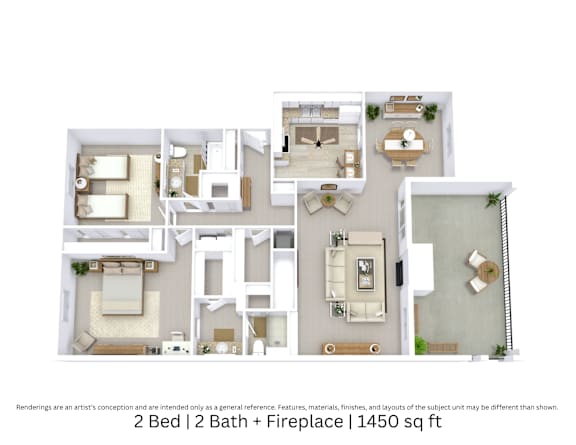 3D floor plan of a 2-bed, 2-bath apartment with fireplace, furniture layout, and room flow. 1,450 sq. ft.