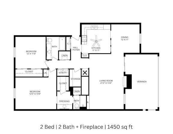 2D floor plan of a 2-bed, 2-bath apartment with labeled rooms, dimensions, and fireplace. 1,450 sq. ft.