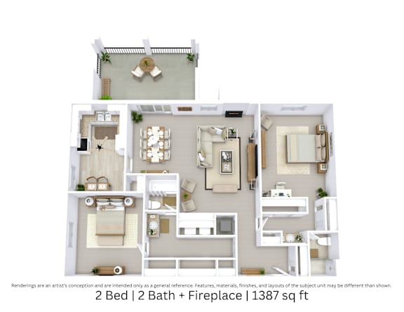 3D floor plan of a 2-bed, 2-bath apartment with fireplace, furniture, and room flow. 1,387 sq. ft.