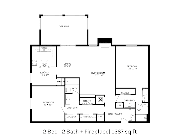 2D floor plan of a 2-bed, 2-bath apartment with labeled rooms, dimensions, and fireplace. 1,387 sq. ft.