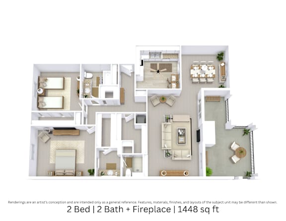 3D floor plan of a 2-bed, 2-bath apartment with fireplace, furniture layout, and room flow. 1,448 sq. ft.