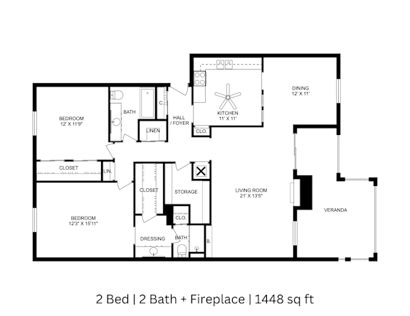 2D floor plan of a 2-bed, 2-bath apartment with labeled rooms, dimensions, and fireplace. 1,448 sq. ft.