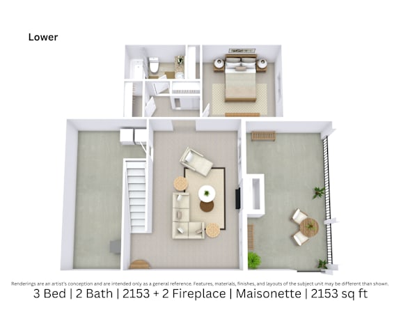 3D floor plan of a 3-bed, 2-bath Maisonette with two fireplaces, furniture layout, and room flow. 2,153 sq. ft.