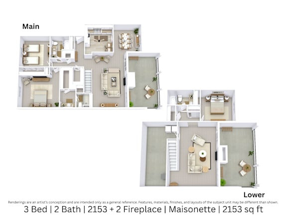 3D floor plan of a 3-bed, 2-bath Maisonette with two fireplaces, furniture layout, and room flow. 2,153 sq. ft.